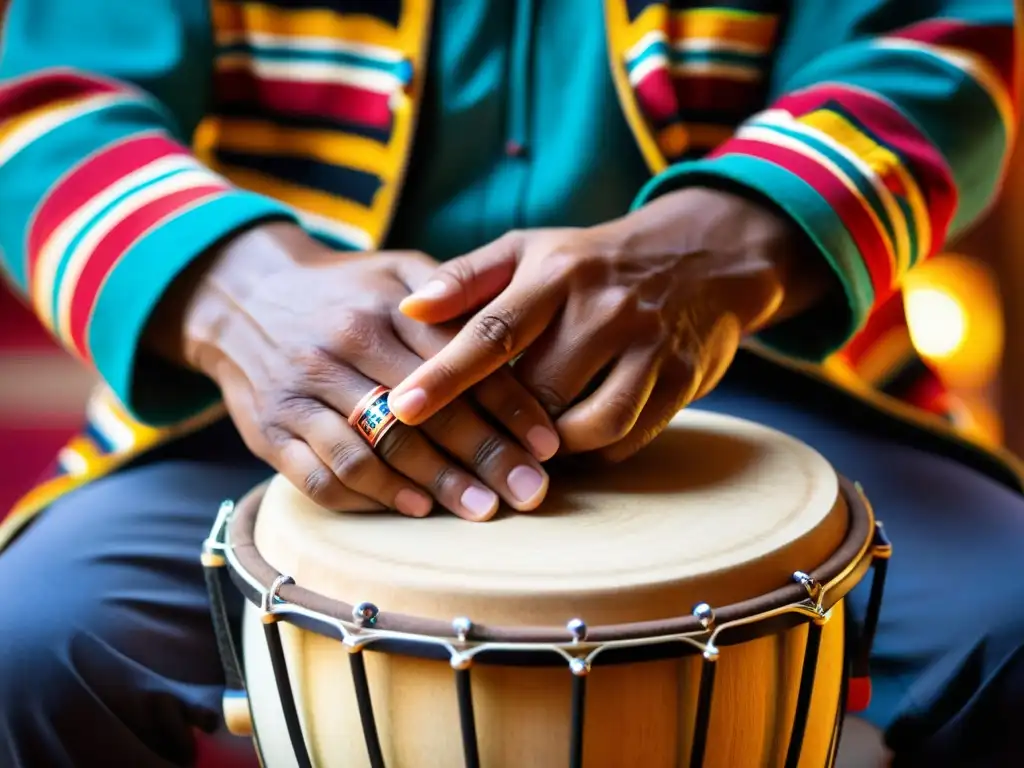 Habilidosas manos de percusionista peruano tocando el cajón, resaltando la rica historia y relevancia del cajón peruano