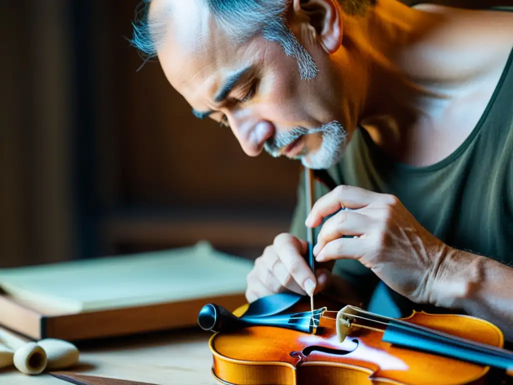 Un habilidoso luthier restaura con esmero un violín antiguo, mostrando la dedicación en la historia de reparación de instrumentos musicales