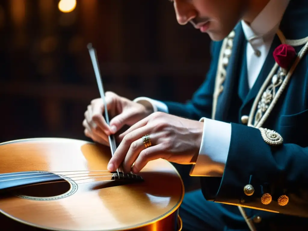 Un habilidoso músico viste atuendo histórico y toca un laúd en un escenario teatral, transmitiendo drama y autenticidad