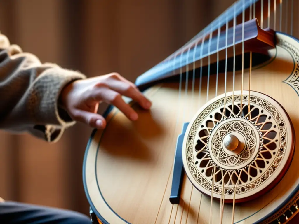 Un hackbrett alemán bellamente elaborado resalta la artesanía y la historia del hackbrett alemán mientras un músico toca con gracia al fondo