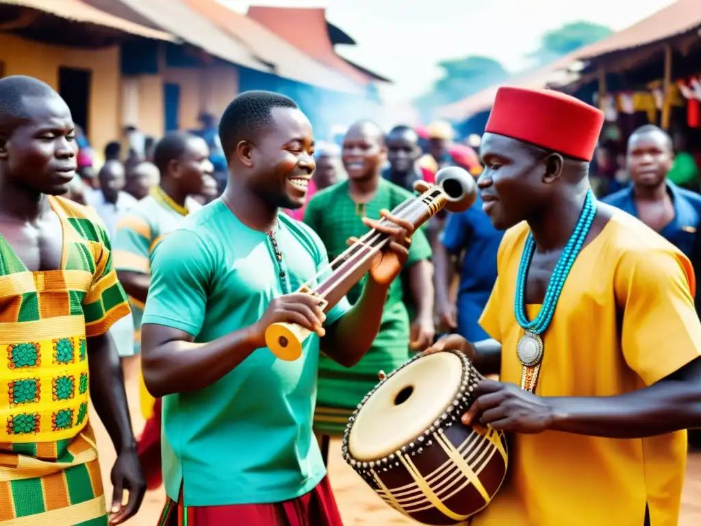 Explorando el Hangbe de Benín: Músicos en trajes tradicionales tocando el Hangbe en un bullicioso mercado, rodeados de curiosos