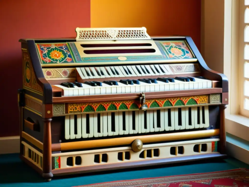 Un harmonium indio tradicional, decorado con diseños coloridos, reposa en una habitación iluminada suavemente por la tarde