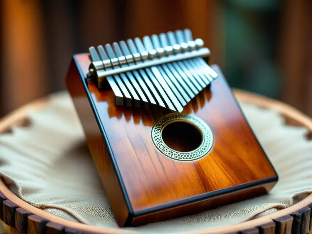 Una hermosa kalimba africana muestra su construcción artesanal y sonido ancestral, con un vibrante paisaje africano de fondo