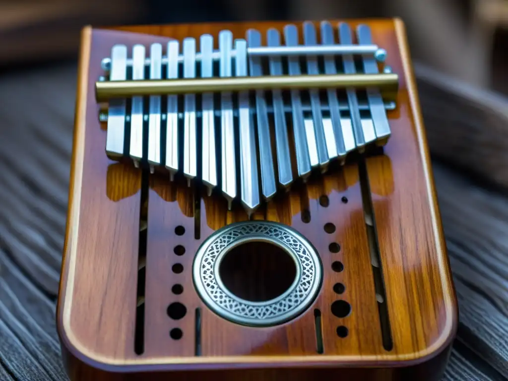 Una hermosa kalimba africana con detalles metálicos brillantes, resonador de madera y símbolos culturales africanos