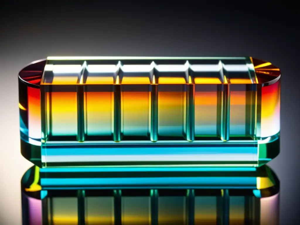 Una hermosa armónica de cristal música experimental brilla con reflejos de luz multicolor