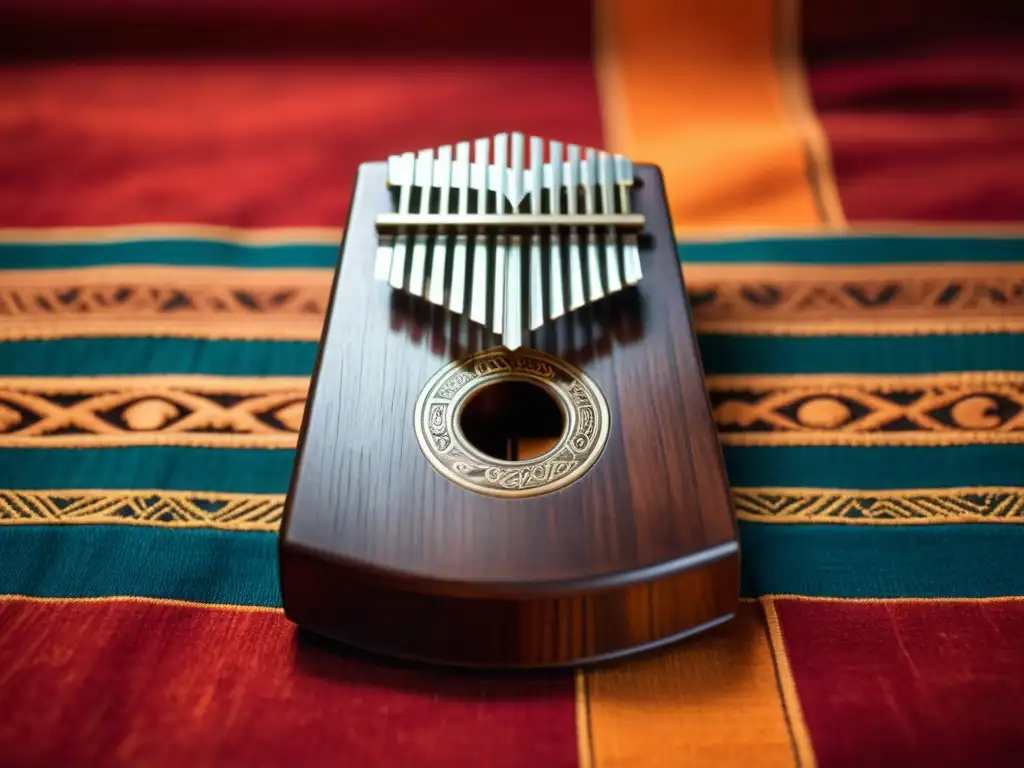 Una hermosa kalimba de madera oscura con grabados delicados que representan símbolos africanos tradicionales