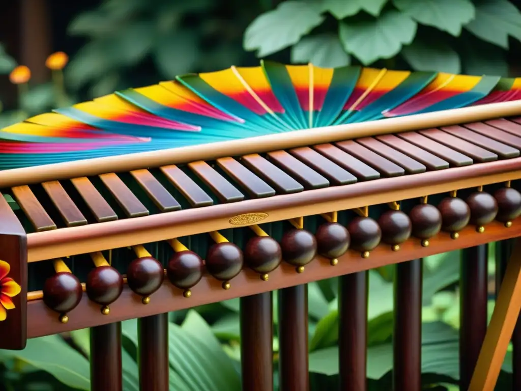 Marimba tradicional bellamente decorada en ceremonia Una hermosa marimba tradicional, con detalles intrincados y diseños coloridos, rodeada de flores vibrantes, evocando su significado cultural