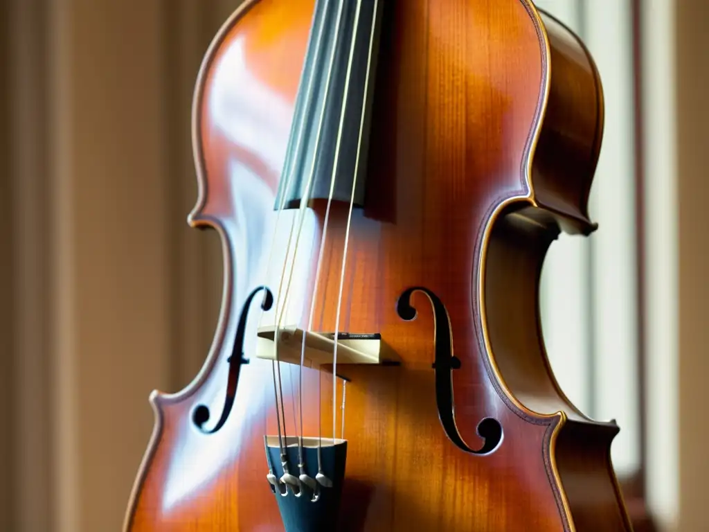 Una hermosa viola da gamba con detalles de madera y cuerdas, iluminada con calidez