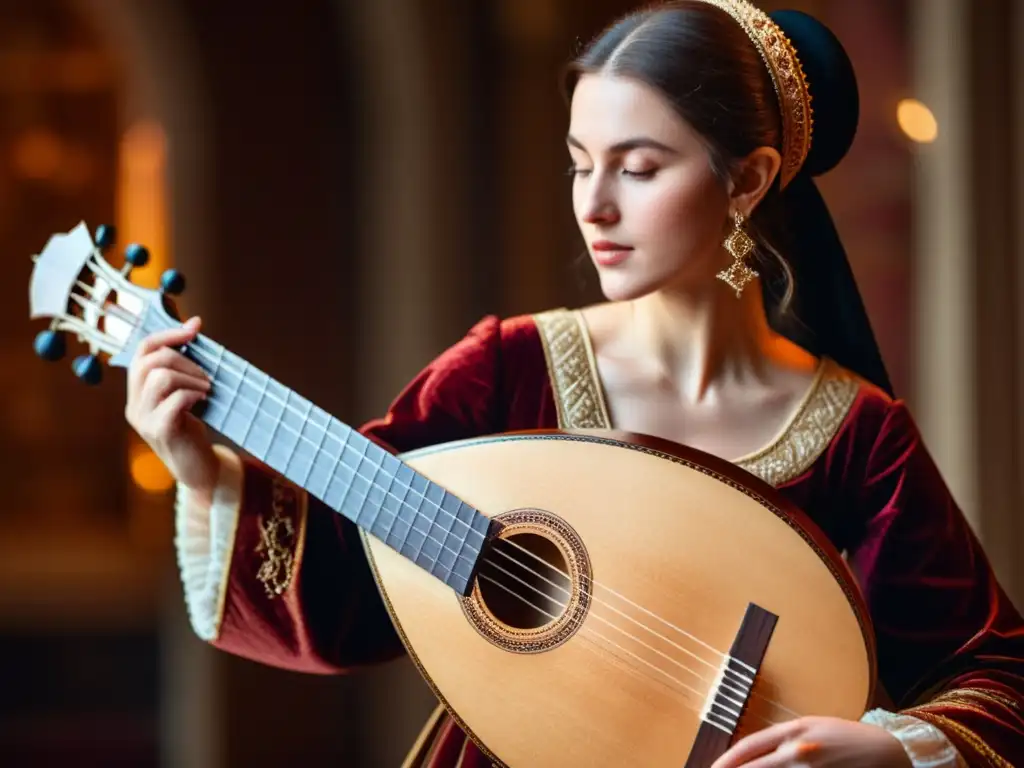 Un hermoso laúd renacentista destaca entre músicos apasionados, evocando la polifonía y la música antigua