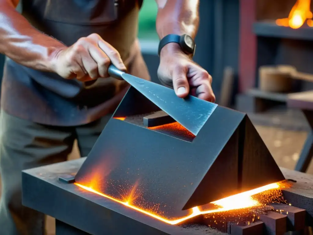 Un herrero moldea con destreza un metal incandescente en un triángulo de percusión, capturando la intensidad y la historia de su construcción