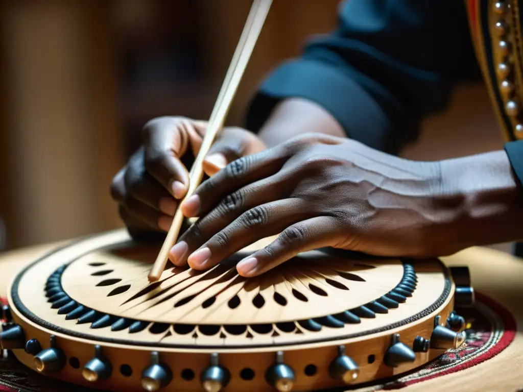 Historia del Santur Persa: Detalle de las manos expertas de un músico tocando el santur, resaltando la artesanía tradicional y la emoción en la música