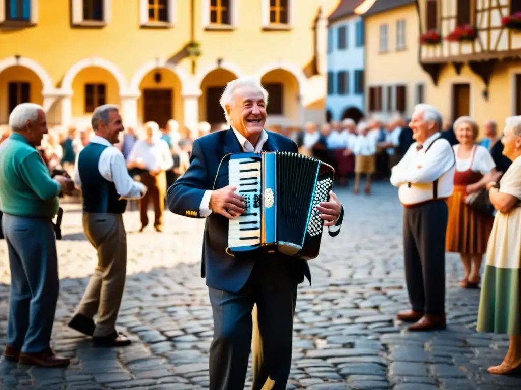 Historia y sonido del acordeón diatónico: Músico anciano tocando en plaza europea con gente bailando alrededor, bañados por cálida luz dorada