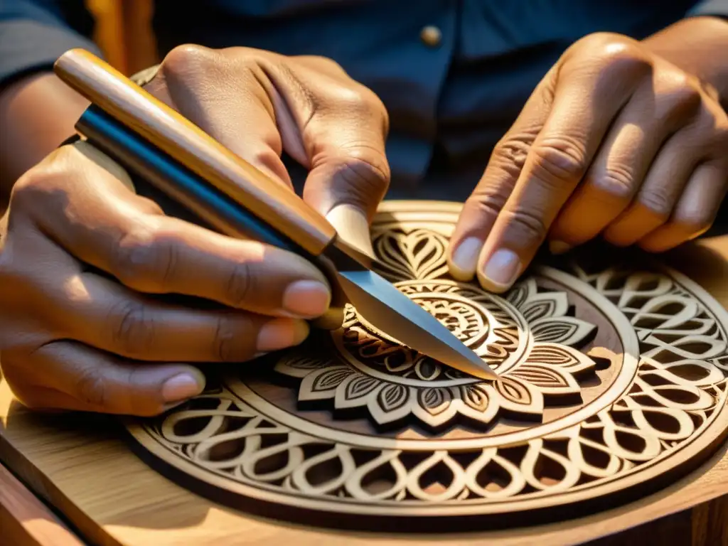 Historia y sonido de la zanfoña: Un artesano talla con maestría la madera, creando una obra llena de tradición y artesanía