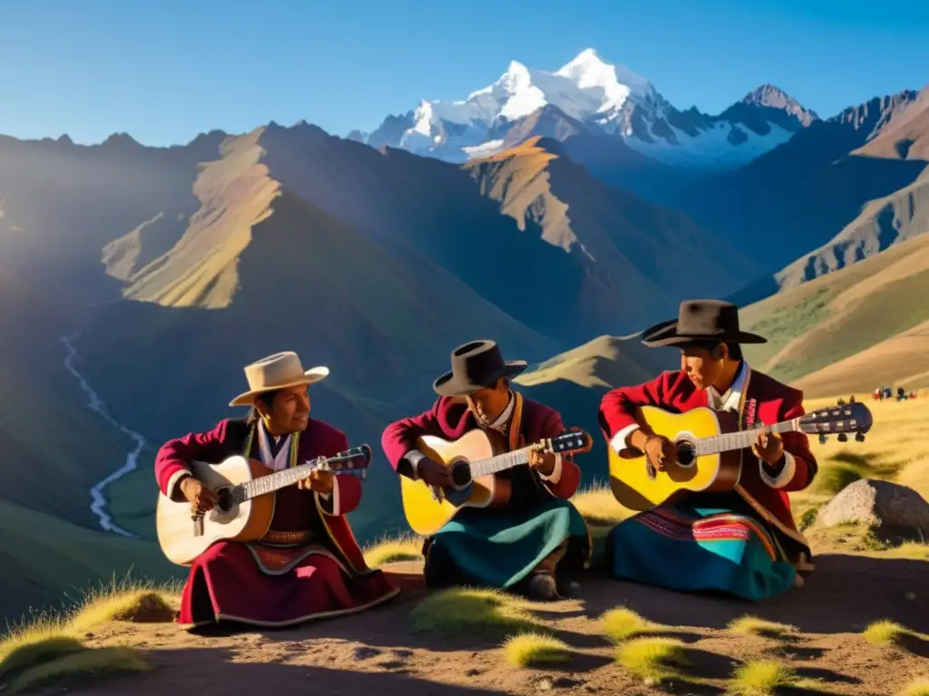 Historia zampoña andina: Músicos andinos tocan zampoñas al atardecer en la montaña, transmitiendo pasión y tradición