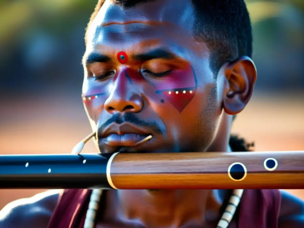 Un hombre indígena australiano tocando el didgeridoo en el Outback al atardecer, destacando la esencia ancestral y práctica del didgeridoo