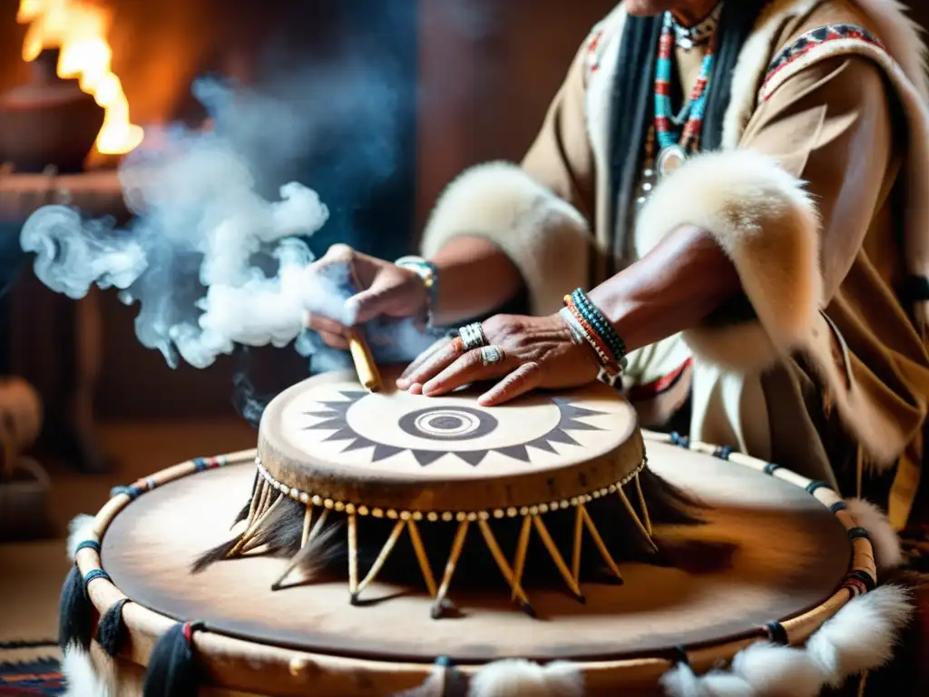 Un hombre nativo americano toca un tambor sagrado en un ritual espiritual, con humo de hierbas y una atmósfera mística