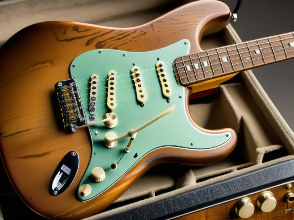 Una icónica guitarra eléctrica Fender Stratocaster vintage descansa sobre un amplificador desgastado, resaltando su historia pionera en la música