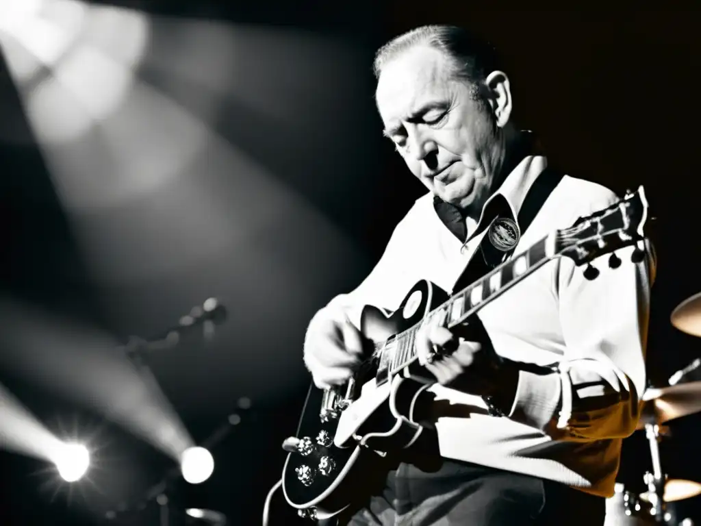 Les Paul tocando su icónica guitarra eléctrica en un escenario, con dramáticas sombras y energía histórica pionera