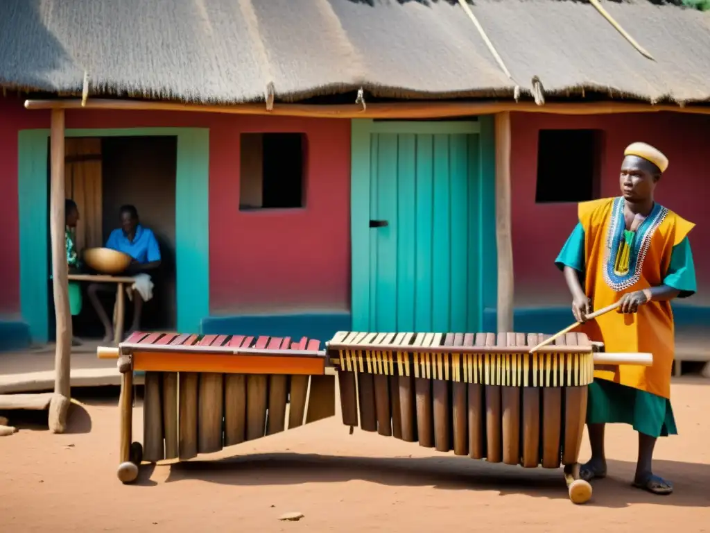 Imagen de una aldea africana tradicional, con lugareños tocando la marimba en un ambiente comunitario