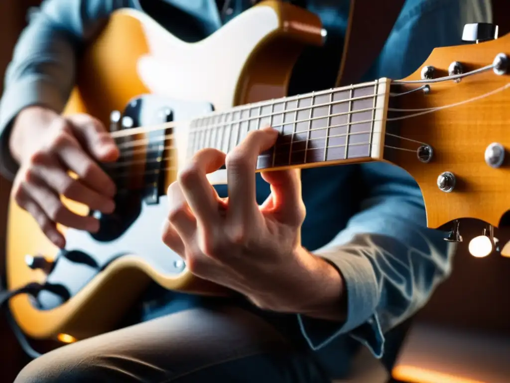 Imagen de alta resolución: mano de guitarrista ejecutando la técnica palm mute en una guitarra eléctrica, iluminada en tonos cálidos en escenario