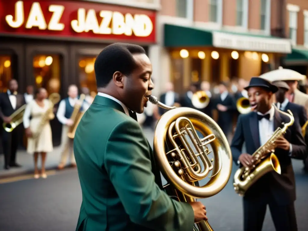 Imagen de alto detalle de una banda de jazz vintage en la esquina de una bulliciosa calle