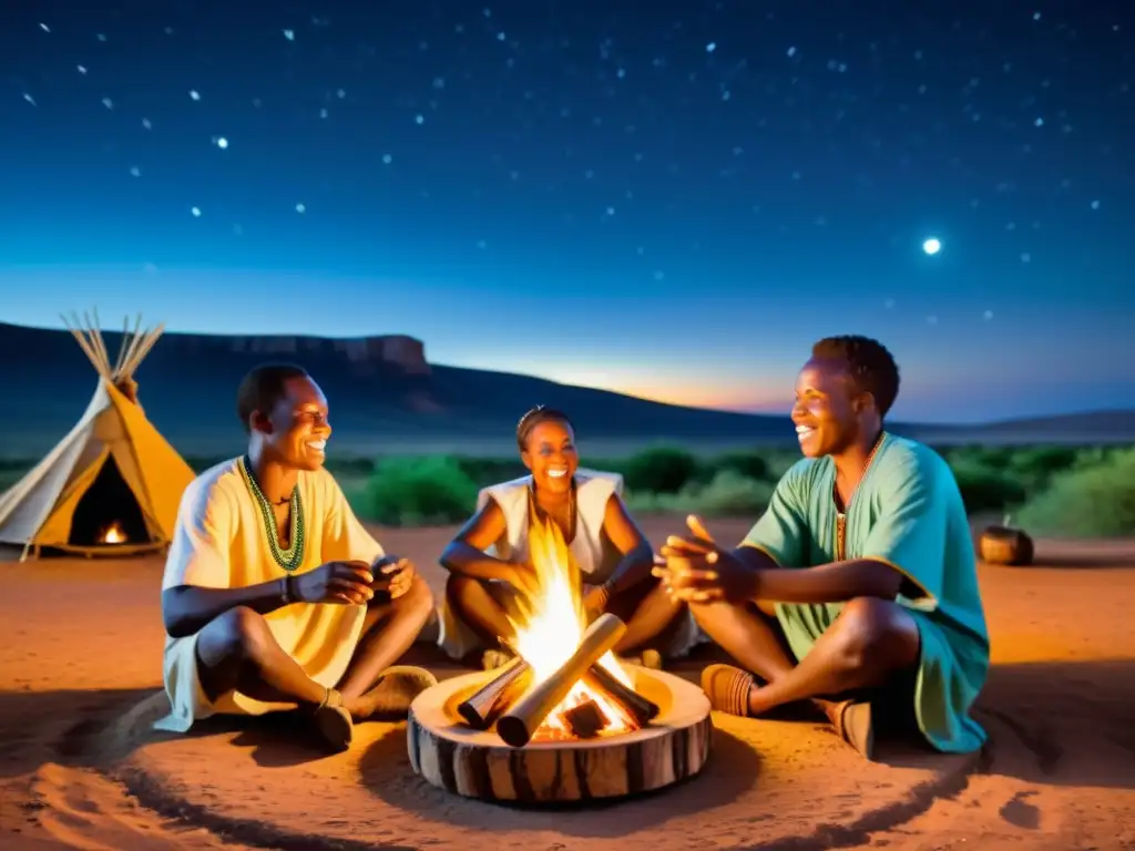 Imagen de un animado concierto de balafón en una aldea africana bajo el cielo estrellado