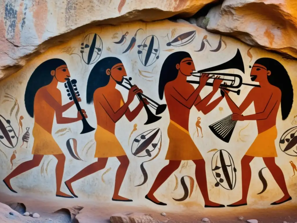 Arte rupestre: Antiguos músicos prehistóricos Imagen de arte rupestre prehistórico con músicos tocando instrumentos musicales, simbolizando la conexión entre la música y el arte rupestre