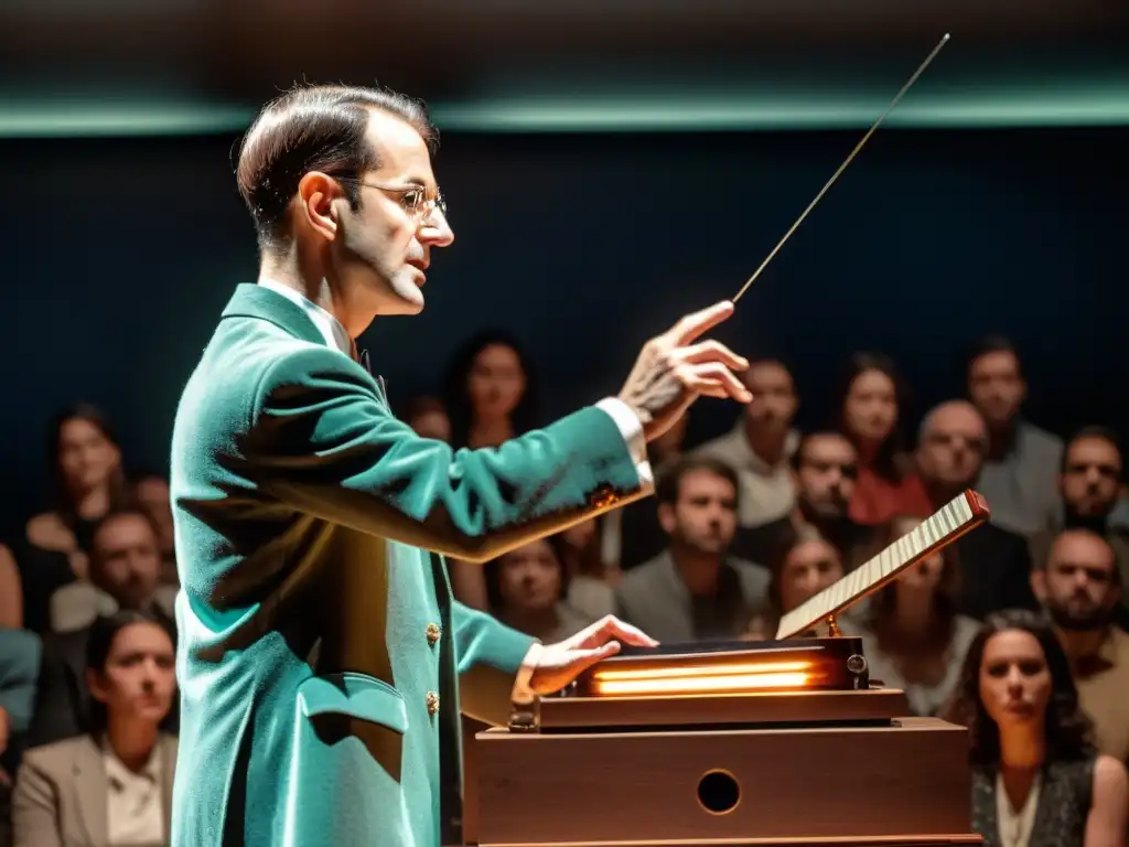 En la imagen, Léon Theremin cautiva a su audiencia tocando el theremín, mientras refleja la historia y funcionamiento del theremín