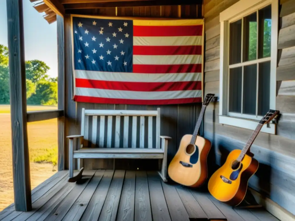 La imagen muestra la autenticidad del Mississippi Delta, con una cabaña rústica, sillas, guitarra y una bandera desgastada