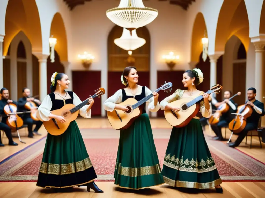 Imagen de la Instrumentación de la Baja Danza renacentista con músicos y bailarines en trajes elaborados y elegantes movimientos