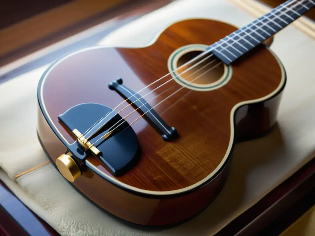 Una imagen que muestra la belleza y la historia del shamisen japonés, con su hermosa madera envejecida y cuerdas tensas