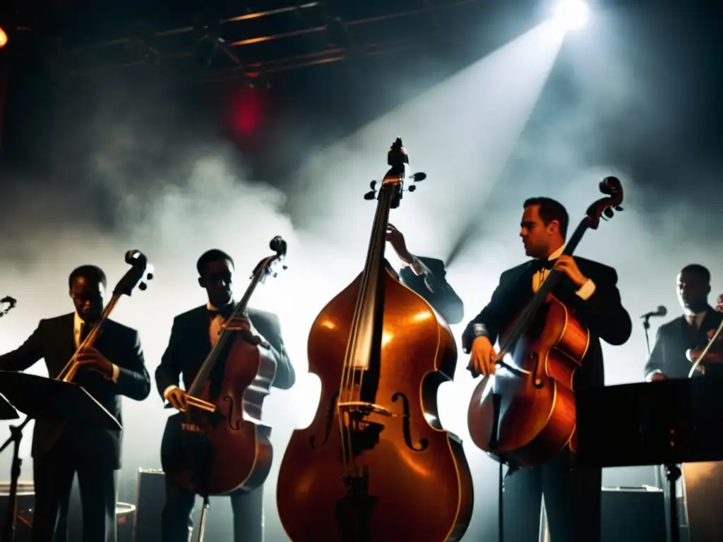 Imagen en blanco y negro de una banda de jazz tocando en un escenario con humo