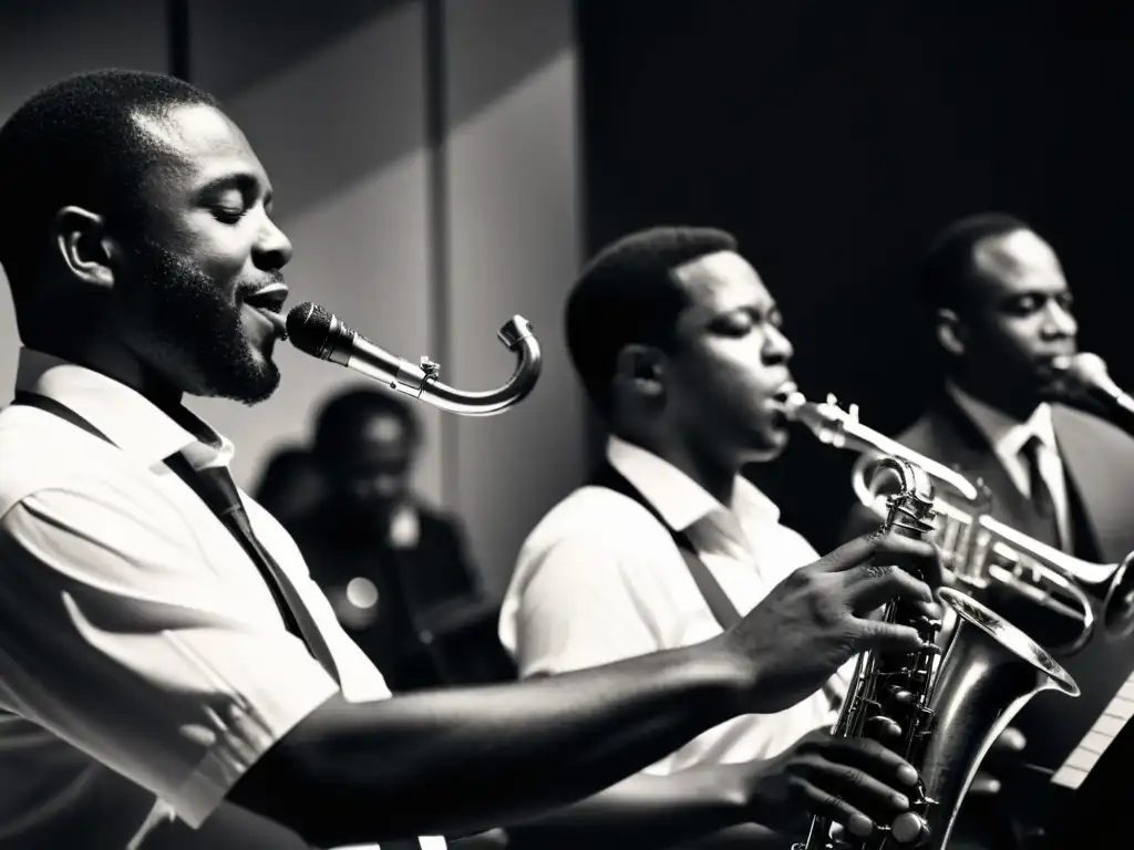 Imagen en blanco y negro de una banda de jazz en plena improvisación, transmitiendo pasión y emoción