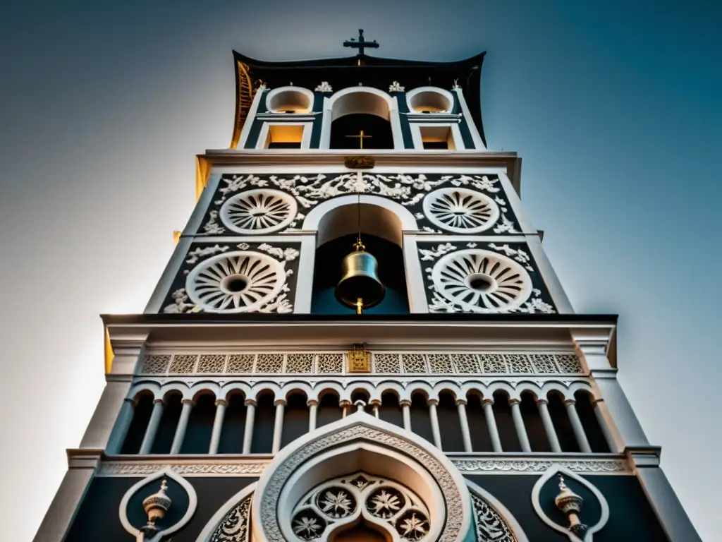 Imagen en blanco y negro de un campanario del siglo XIX con detallados grabados en las campanas