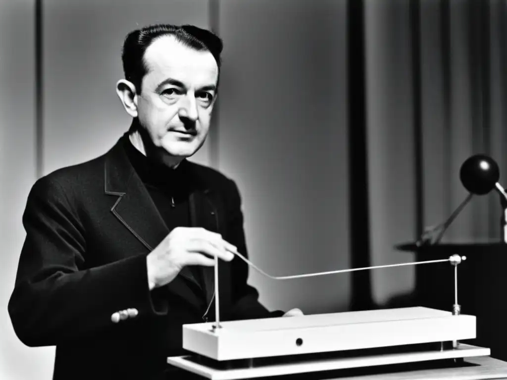 Imagen en blanco y negro de Léon Theremin junto a su modelo temprano del instrumento musical electrónico