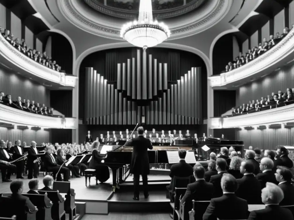 Imagen en blanco y negro de músicos del siglo XIX en un majestuoso salón de conciertos, con un director de coro en el centro