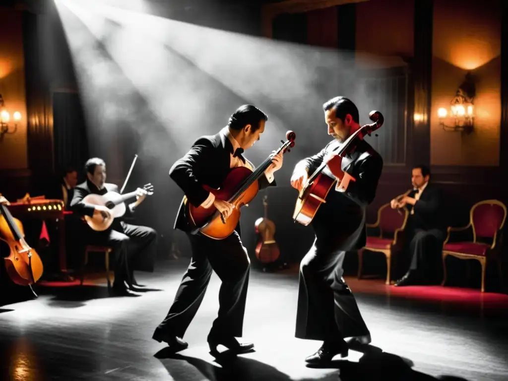 Una imagen en blanco y negro de músicos de tango tocando apasionadamente en un club de Buenos Aires