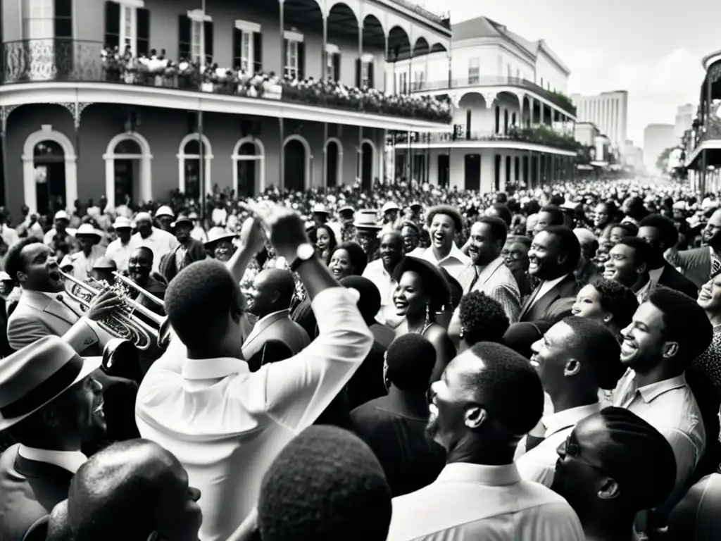 Imagen en blanco y negro de músicos africanos tocando en un animado festival de jazz en las calles de Nueva Orleans