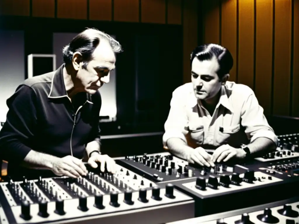 Imagen en blanco y negro de Pierre Schaeffer y Pierre Henry concentrados en su estudio rodeados de equipo electrónico