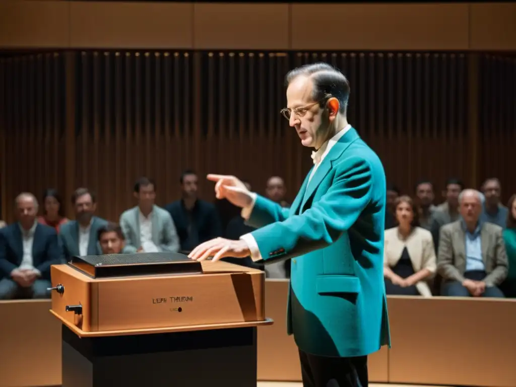 Imagen en blanco y negro de Léon Theremin explicando los principios técnicos del theremín a un grupo de oyentes cautivados, capturando la historia del theremín instrumento electrónico con asombrosos detalles