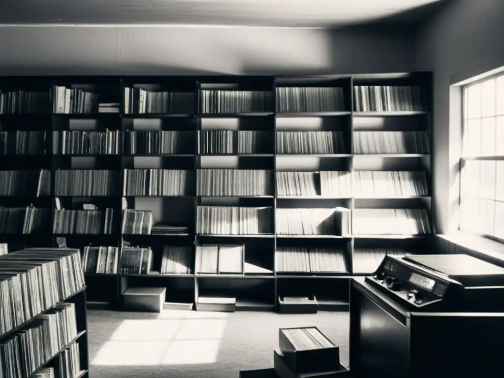 Tienda de vinilos olvidada: preservando la historia musical Imagen en blanco y negro de una tienda de discos polvorienta y olvidada, con estantes llenos de vinilos antiguos, algunos desgastados