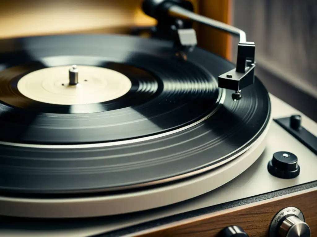 Imagen en blanco y negro de un tocadiscos vintage con un vinilo polvoriento girando