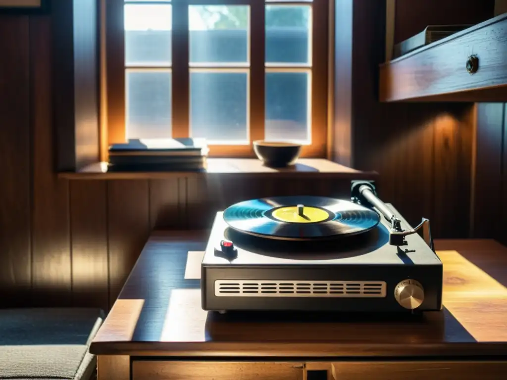 Escena nostálgica: tocadiscos y vinilos vintage en blanco y negro Imagen en blanco y negro de una vieja tocadiscos con discos de vinilo vintage, evocando la preservación de grabaciones musicales olvidadas