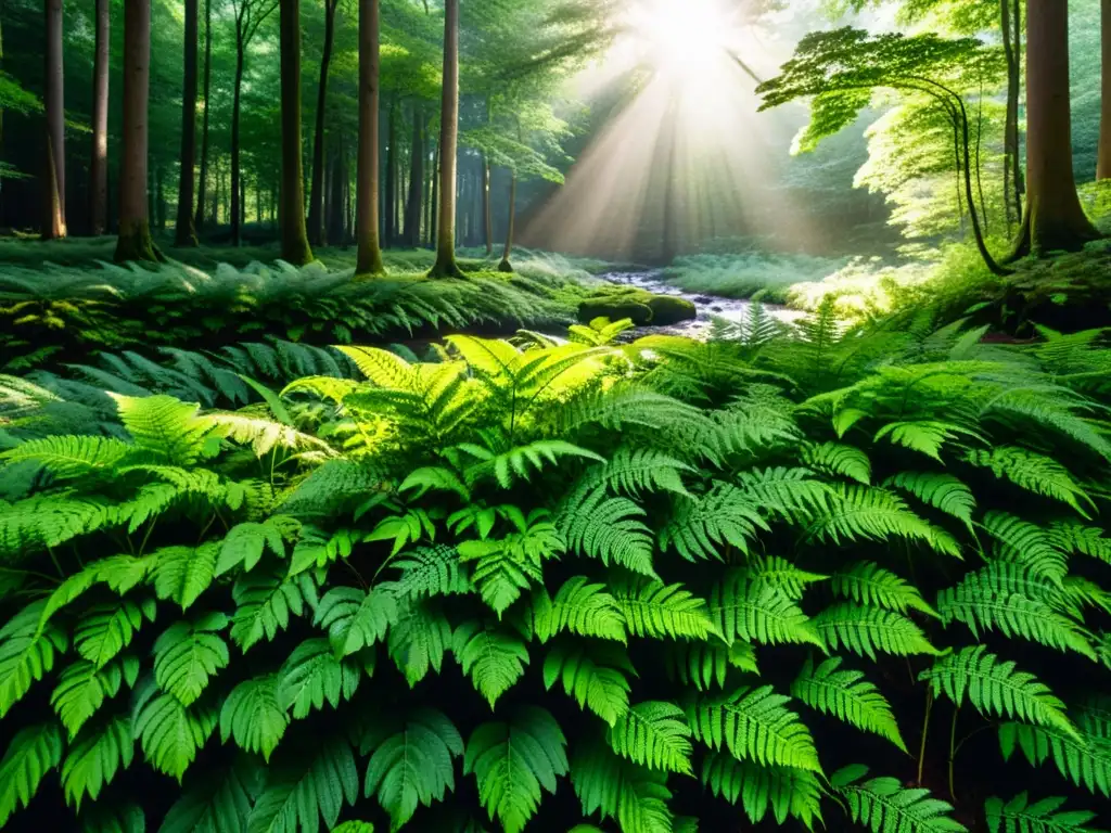 Imagen de un bosque sereno con luz solar filtrándose a través del dosel verde y creando sombras moteadas en el suelo del bosque