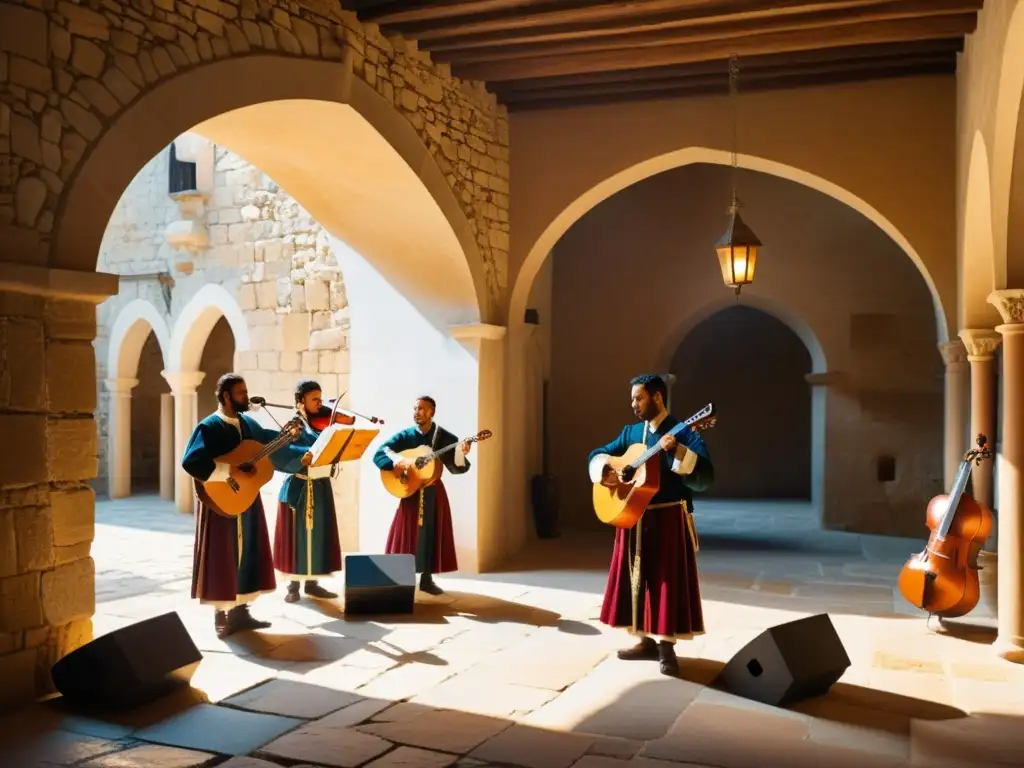 Imagen de un conjunto de chirimías medievales tocando en un patio histórico, con músicos vestidos con trajes tradicionales y la cálida luz del sol creando dramáticas sombras en las antiguas paredes de piedra, capturando la esencia de la historia y la cultura de la chirimía medieval