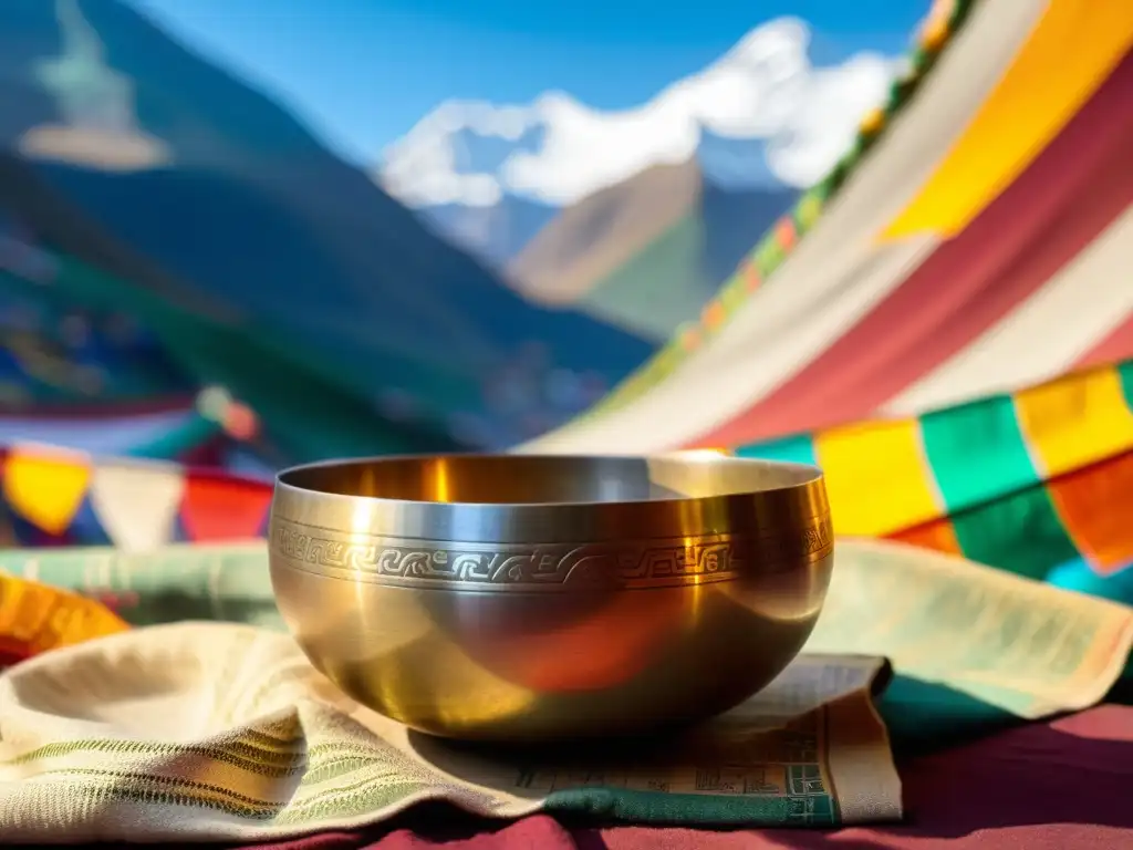 Imagen de un cuenco tibetano con oración budista serenamente iluminado por banderas de oración en la montaña