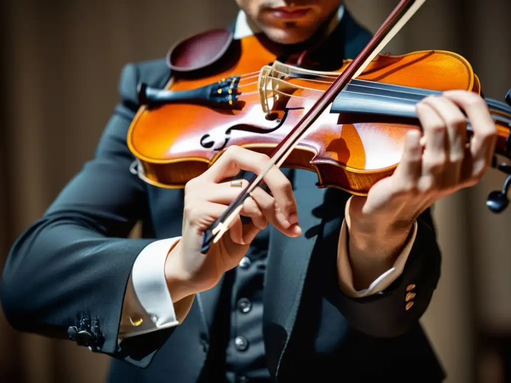 La imagen muestra la destreza de un violinista ejecutando técnicas legato en instrumentos de cuerda, transmitiendo maestría y arte