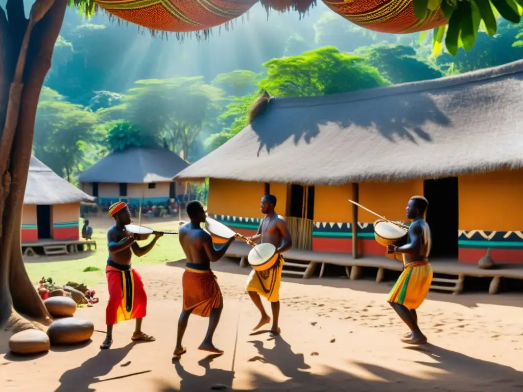 Imagen detallada de una aldea africana antigua, con músicos tocando instrumentos tradicionales, como el berimbau, entre vegetación exuberante y textiles coloridos