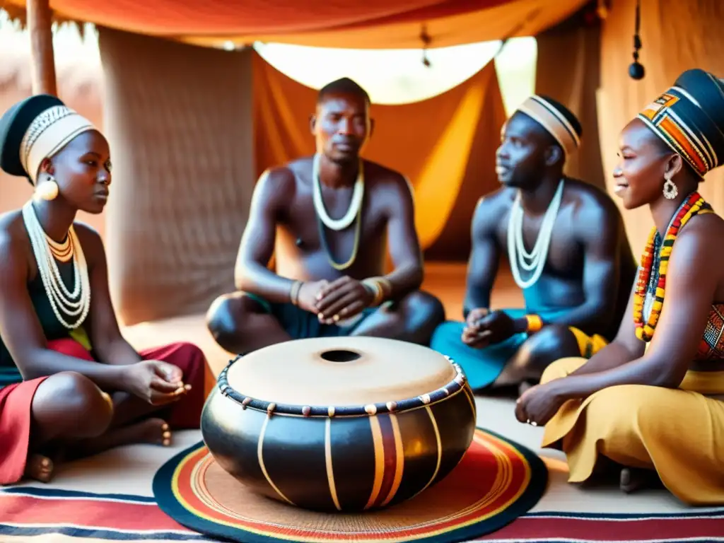 Imagen detallada de una aldea africana con gente tocando el tambor udu en un ritual de fertilidad