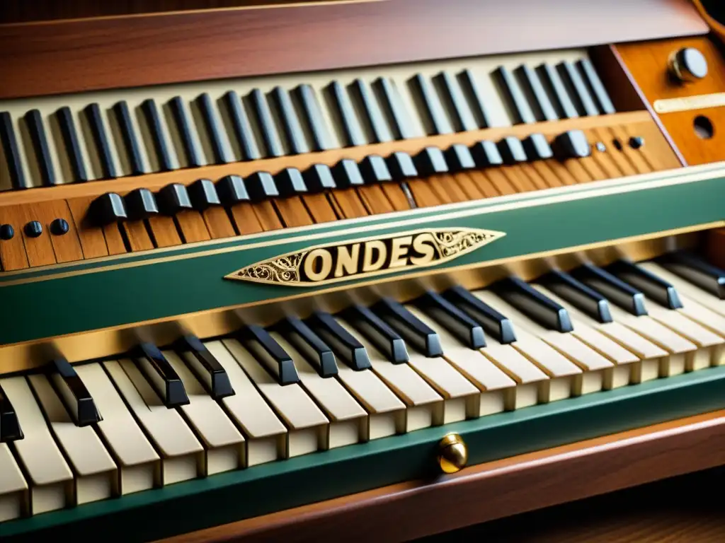 Una imagen detallada en alta resolución de un instrumento vintage Ondes Martenot, destacando sus teclas, diales y características únicas de modificación de sonido